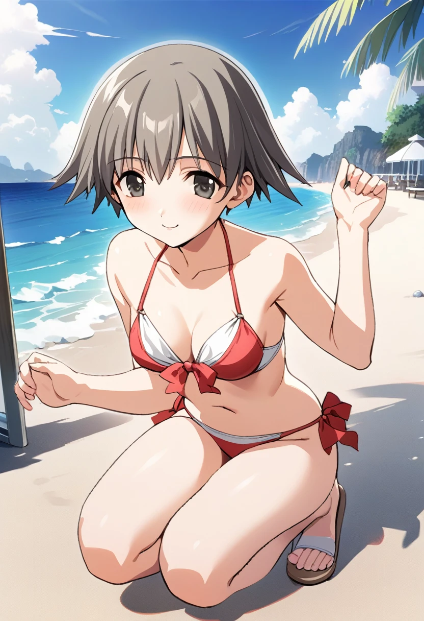 One girl,((Nozomi)),smile、Gentle expression、Welcome、Ocean、beach、slender body,ideal ratio body proportions,Cute Bikini、Sexy pose,squatting、A complete depiction of the human body,masterpiece, Highest quality, Game CG, ultra detailed、highres、extremely detailed CG