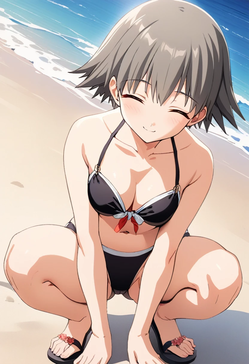 One girl,((Nozomi)),smile、Gentle expression、Welcome、Ocean、beach、slender body,ideal ratio body proportions,Cute Bikini、Sexy pose,squatting、A complete depiction of the human body,masterpiece, Highest quality, Game CG, ultra detailed、highres、extremely detailed CG