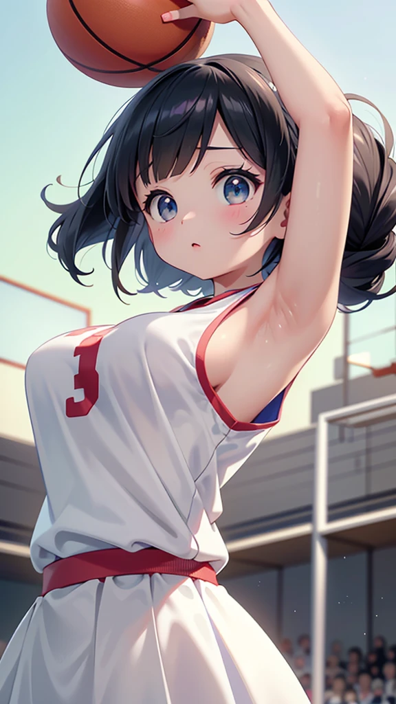 Highest quality、High resolution、Detailed Background、Beautiful Face、High detail、(Perfect Anatomy, Perfect Style)、(Detailed facial expressions)、(fine grain:1.2)、Teenage Beauty、(very wide shot:1.5), One Girl、Elementary school students, Cute black hair、Braided Bob, Braided, clear, deep blue eyes、Braided Ponytail, Braided bob cut, Basketball game, jumping:1.5, dunking:1.5, Floating in the air:1.5, ((shoot from below:2, looking up)), (Red and blue basketball uniform:1.5, No sleeve:1.5)、((armpit:1.5)), ((large breasts:1.2, pointy breasts:1.2, high breasts:1.2)), Slamming a basketball into the basketball goal, Focus on the entire basketball court