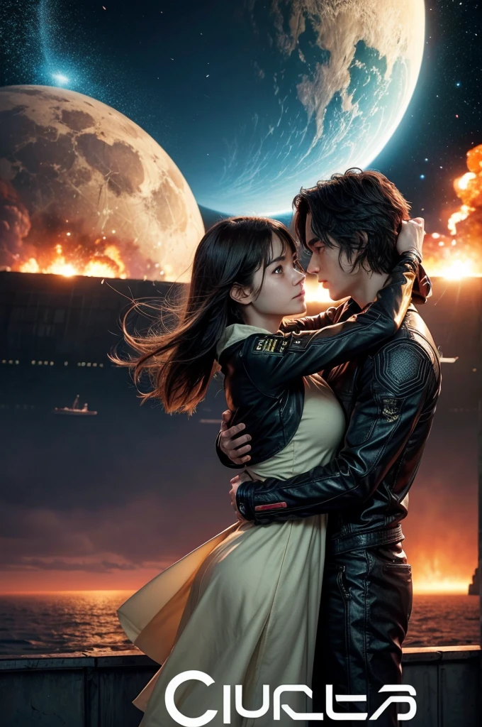 open master in 8k, action movie poster, futuristic genre, the protagonist hugs a girl, in the background a ship, explosions, A planet, in front the title of the movie