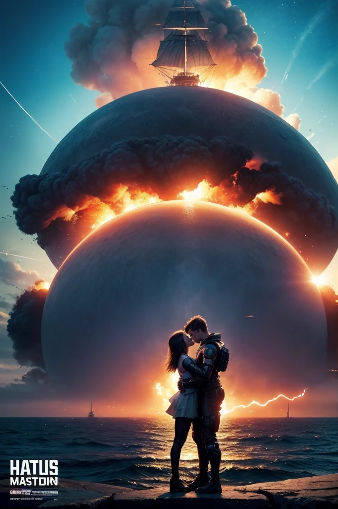 open master in 8k, action movie poster, futuristic genre, the protagonist hugs a girl, in the background a ship, explosions, A planet, in front the title of the movie