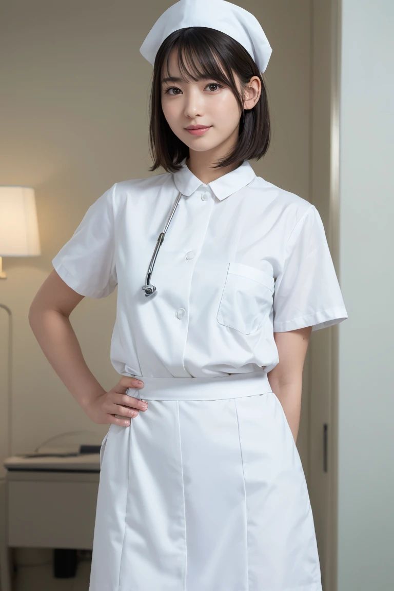 1 Girl,(Wearing white nurse clothes:1.2),(RAW Photos, Highest quality), (Realistic, photo-Realistic:1.4), masterpiece, Very delicate and beautiful, Very detailed, 2k wallpaper, wonderful, finely, Very detailed CG unity 8k wallpaper, Very detailedな, High resolution, Soft Light, Beautiful detailed girl, Very detailed eyes and face, Beautiful and detailed nose, finely beautiful eyes, nurse, Perfect Anatomy, Black Hair, Upstyle, nurse uniform, Long skirt, nurse, White costume, thin, hospital, clear, White Uniform, hospital room, Neck auscultation,Bobcut、Flip up the skirt、20th Generation、smile