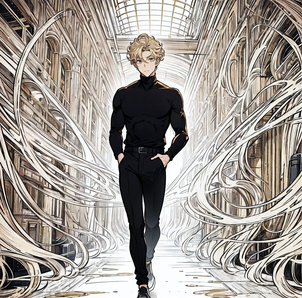 One person, Tall, tan, male, lean and fit, blonde gold curly hair, deep brown eyes, wearing black velvet long sleeve turtleneck, black pants, white high tops, handsome as hell.