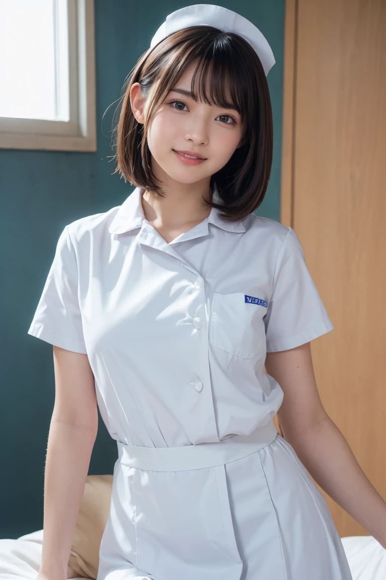 1 Girl,(Wearing white nurse clothes:1.2),(RAW Photos, Highest quality), (Realistic, photo-Realistic:1.4), masterpiece, Very delicate and beautiful, Very detailed, 2k wallpaper, wonderful, finely, Very detailed CG unity 8k wallpaper, Very detailedな, High resolution, Soft Light, Beautiful detailed girl, Very detailed eyes and face, Beautiful and detailed nose, finely beautiful eyes, nurse, Perfect Anatomy, Black Hair, Upstyle, nurse uniform, Long skirt, nurse, White costume, thin, hospital, clear, White Uniform, hospital room, Neck auscultation,Bobcut、Flip up the skirt、20th Generation、smile