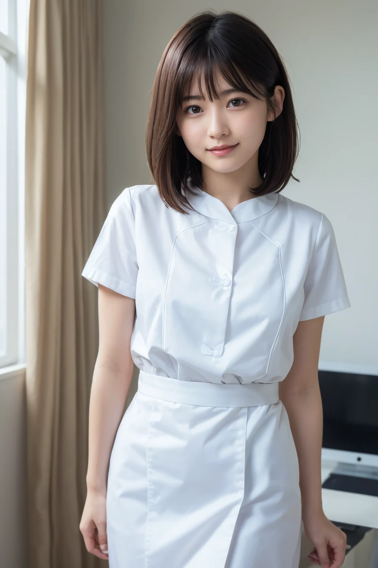 1 Girl,(Wearing white nurse clothes:1.2),(RAW Photos, Highest quality), (Realistic, photo-Realistic:1.4), masterpiece, Very delicate and beautiful, Very detailed, 2k wallpaper, wonderful, finely, Very detailed CG unity 8k wallpaper, Very detailedな, High resolution, Soft Light, Beautiful detailed girl, Very detailed eyes and face, Beautiful and detailed nose, finely beautiful eyes, nurse, Perfect Anatomy, Black Hair, Upstyle, nurse uniform,  Long skirt, nurse, White costume, thin, hospital, clear, White Uniform, hospital room, Neck auscultation,Bobcut、Flip up the skirt、20th Generation、smile