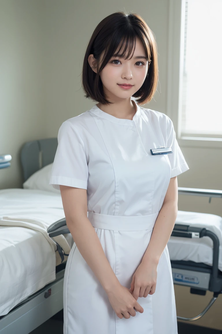 1 Girl,(Wearing white nurse clothes:1.2),(RAW Photos, Highest quality), (Realistic, photo-Realistic:1.4), masterpiece, Very delicate and beautiful, Very detailed, 2k wallpaper, wonderful, finely, Very detailed CG unity 8k wallpaper, Very detailedな, High resolution, Soft Light, Beautiful detailed girl, Very detailed eyes and face, Beautiful and detailed nose, finely beautiful eyes, nurse, Perfect Anatomy, Black Hair, Upstyle, nurse uniform, Long skirt, nurse, White costume, thin, hospital, clear, White Uniform, hospital room, Neck auscultation,Bobcut、Flip up the skirt、20th Generation、smile