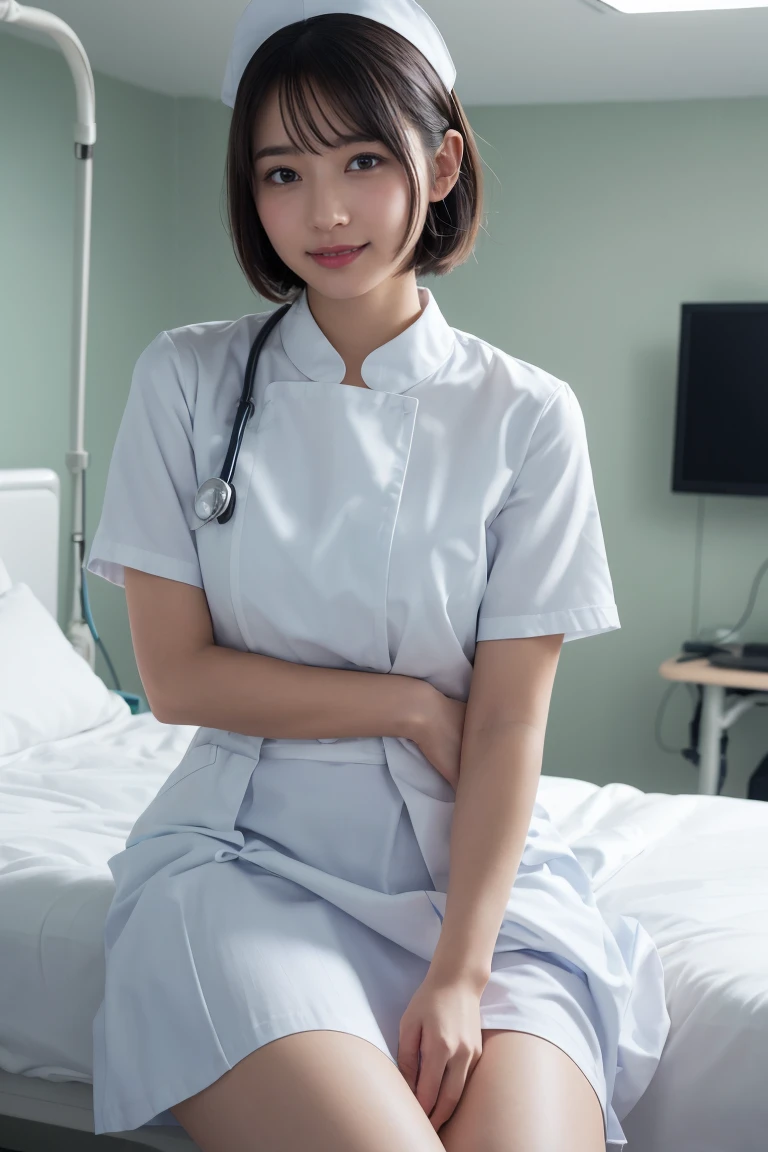 1 Girl,(Wearing white nurse clothes:1.2),(RAW Photos, Highest quality), (Realistic, photo-Realistic:1.4), masterpiece, Very delicate and beautiful, Very detailed, 2k wallpaper, wonderful, finely, Very detailed CG unity 8k wallpaper, Very detailedな, High resolution, Soft Light, Beautiful detailed girl, Very detailed eyes and face, Beautiful and detailed nose, finely beautiful eyes, nurse, Perfect Anatomy, Black Hair, Upstyle, nurse uniform, Long skirt, nurse, White costume, thin, hospital, clear, White Uniform, hospital room, Neck auscultation,Bobcut、Flip up the skirt、20th Generation、smile