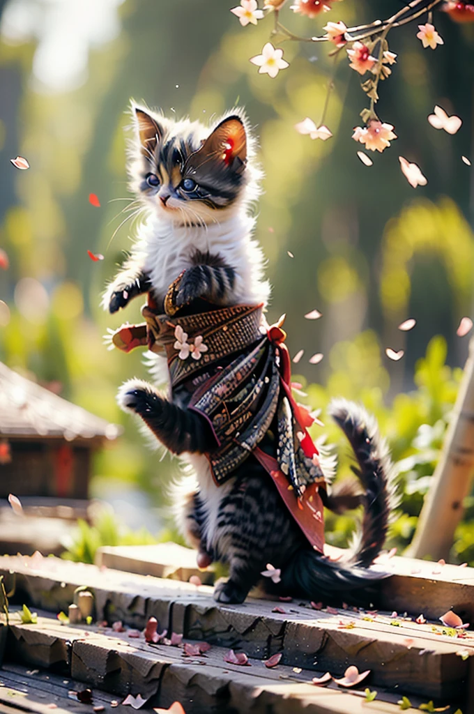 Best quality, masterpiece, ultra high res, raw photo, beautiful and aesthetic,deep shadow, dark theme,(photorealistic:1.4), 
White kitten, Hanfu, happy face, open moth, closed eyes, ((clair obscur, backlight, sunset, petals floating)), 
Graceful poise, evocative atmosphere, magnetic presence, captivating mystique,
Intricate zentangle patterns, astonishing level of detail, generously endowed, striking perspective, a chaotic masterpiece, gracefully poised, vibrant color palette, ((outdoors)), inspired by futurist architecture A pheasant cat with cute eyes　Bushy hair　Wearing a kimono