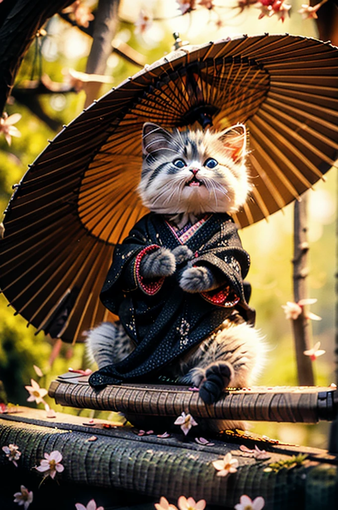 Best quality, masterpiece, ultra high res, raw photo, beautiful and aesthetic,deep shadow, dark theme,(photorealistic:1.4),
White kitten, Hanfu, happy face, open moth, closed eyes, ((clair obscur, backlight, sunset, petals floating)),
Graceful poise, evocative atmosphere, magnetic presence, captivating mystique,
Intricate zentangle patterns, astonishing level of detail, generously endowed, striking perspective, a chaotic masterpiece, gracefully poised, vibrant color palette, ((outdoors)), inspired by futurist architecture A pheasant cat with cute eyes Bushy hair Wearing a kimono