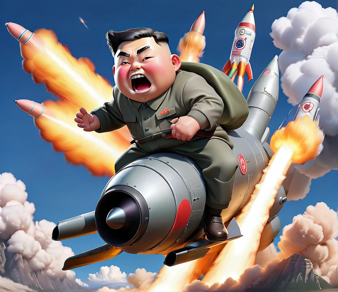 Kim Jong-un, riding a rocket flying in the sky, was excited with happiness, Nuclear-powered rockets  