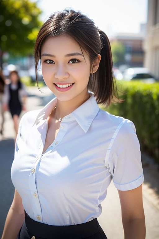 (highest quality,masterpiece:1.3,ultra high resolution),(Super detailed,caustics,8k),(photorealistic:1.4,RAW shooting),1girl,(smile and look down at the camera),(front shot:1.1),(face forward),1,cute,Japanese,black short ponytail,school uniform,glamorous,(big boobs),( close up),(breast focus),street,sunshine,Natural light,(Backlight),(A bright light shines from behind),(Lens flare),professional writing,(cowboy shot),(low position:1.3),(Low - Angle:1.3)