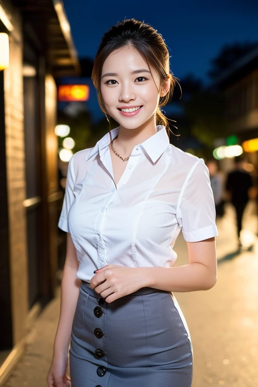 (a gorgeous Korean woman, age 28, Natural Pose under night sky, Formal Office Lady, white shirt with buttons, black mini-skirt or pencil skirt, feminine expression,
super definition face, beautiful detailed face,
super cute and soft face, beautiful detailed eyes,
fine eyes with double eyelids, kawwaii dimples,
kind smile, short ponytail, short bob hair, short disheveled hair, cute snaggletooth, fair skin, ample round bosom, soft toned body, hands on hip,
photorealistic, hyper-realism, high contrast, ultra HD, realistic skin textures, top image quality, top-quality, super high resolution, fine details, very meticulously, the Cowboy_Shot, bokeh background, SFW)