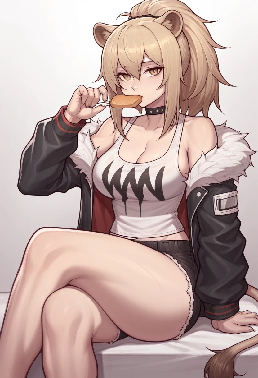 _asura style, 1girl, animal_ears, breasts, siege_(arknights), solo, red_shorts, lion_ears, cleavage, jacket, tail, shorts, choker, long_hair, fur_trim, large_breasts, black_jacket, crossed_legs, food, bare_shoulders, fur-trimmed_jacket, black_choker, mouth_hold, off_shoulder, sitting, thighs, looking_at_viewer, tank_top, lion_tail, brown_hair, fur-trimmed_shorts, ponytail, short_shorts, brown_eyes, open_jacket, shirt, white_tank_top, hair_between_eyes, collarbone, open_clothes, blonde_hair