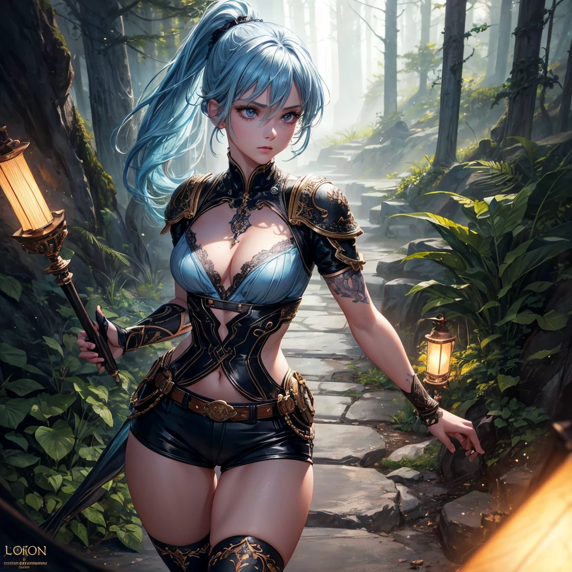 a young girl, 1girl, light blue short ponytail hair, light blue hair!!!, very small breasts, blue eyes, little black tight top, little black tight shorts, full body, full body, walking, dark forest, incredibly sexy body, detailed face, beautiful detailed eyes, beautiful detailed lips, extremely detailed eyes and face, long eyelashes, intricate details, detailed clothing, intricate details,highly detailed, photo realistic, 8k, best quality, masterpiece, cinematic lighting, dramatic lighting, vibrant colors, fantasy, digital art, concept art