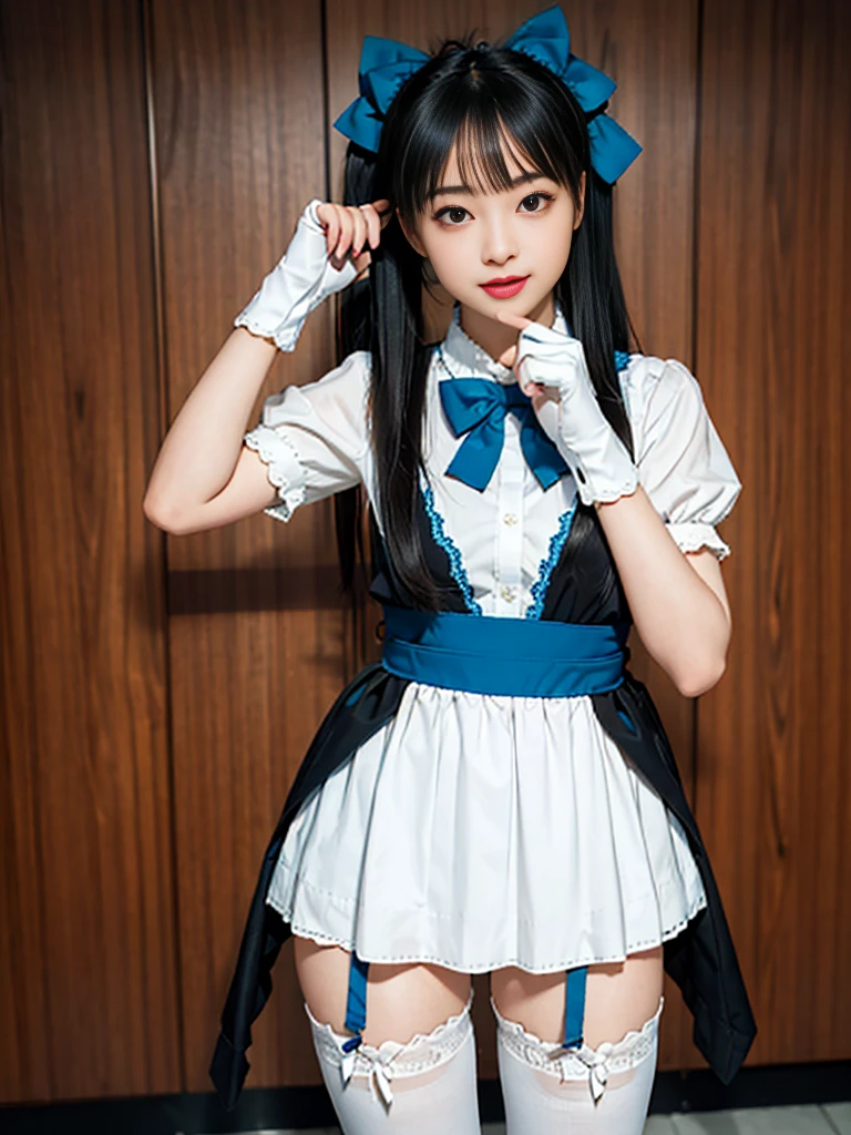 (8K, Raw photo, Best Quality, masutepiece:1.2), high-definition RAW color photography, professional photograpy, (Realistic, photographrealistic:1.37), ((Best Quality)), various attractive posing, full body shot;1.2. 1young girl, asymmetrical legwear, (black bow:1.2), black ribbon, (blue hair:1.5), bow, breasts, gloves,(hair bow:1.3), (very long hair:1.2), simple background, standing, striped bow, thighhighs, white background, white gloves, (lace legwear:1.2), Delicate hands, detailed fingers, five fingers, (one hand pinching the waist:1.3), (twintails:1.3), realhands, nsfw
