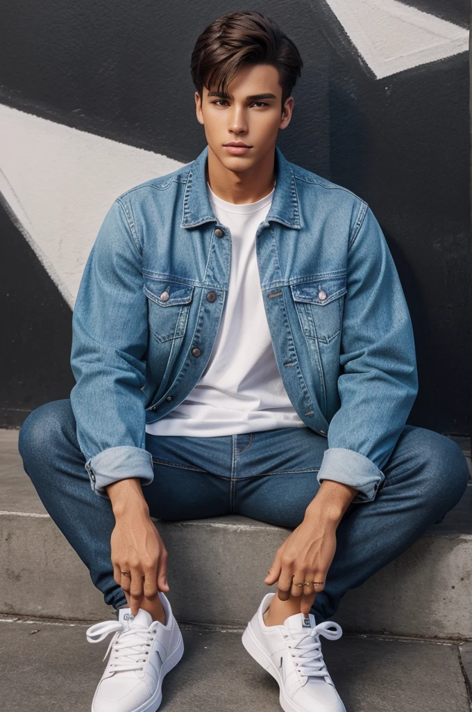Create a 3D vibrant 3D scene with smart graphic and a handsome boy sitting casually on the Username123 name in large 3D text. Dress him in trendy casual attire like jeans, a jacket, an sneakers. The background should black wall mak sure name is not misspelled. 
