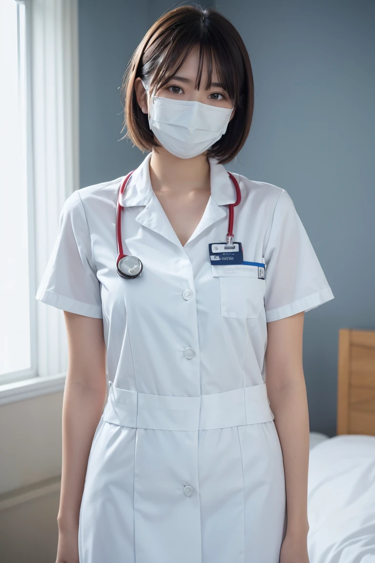 1 Girl,(Wearing white nurse clothes:1.2),(RAW Photos, Highest quality), (Realistic, photo-Realistic:1.4), masterpiece, Very delicate and beautiful, Very detailed, 2k wallpaper, wonderful, finely, Very detailed CG unity 8k wallpaper, Very detailedな, High resolution, Soft Light, Beautiful detailed girl, Very detailed eyes and face, Beautiful and detailed nose, finely beautiful eyes, nurse, Perfect Anatomy, Black Hair, Upstyle, nurse uniform, ((mask)), Long skirt, nurse, White costume, thin, hospital, clear, White Uniform, hospital room, Neck auscultation,Bobcut、Flip up the skirt、20th Generation