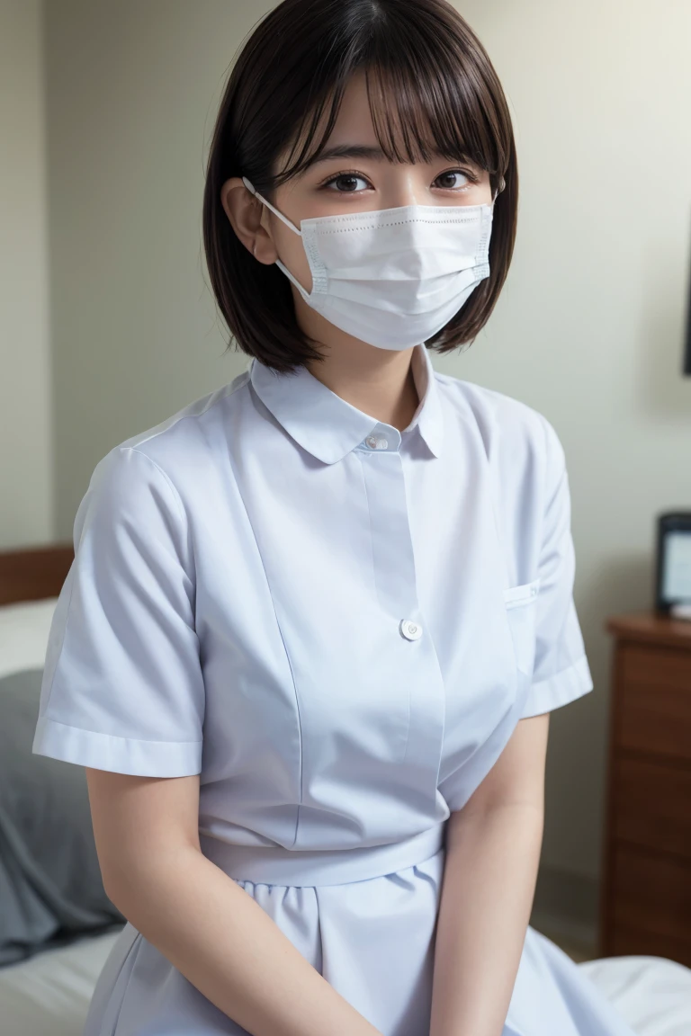 1 Girl,(Wearing white nurse clothes:1.2),(RAW Photos, Highest quality), (Realistic, photo-Realistic:1.4), masterpiece, Very delicate and beautiful, Very detailed, 2k wallpaper, wonderful, finely, Very detailed CG unity 8k wallpaper, Very detailedな, High resolution, Soft Light, Beautiful detailed girl, Very detailed eyes and face, Beautiful and detailed nose, finely beautiful eyes, nurse, Perfect Anatomy, Black Hair, Upstyle, nurse uniform, ((mask)), Long skirt, nurse, White costume, thin, hospital, clear, White Uniform, hospital room, Neck auscultation,Bobcut、Flip up the skirt、20th Generation