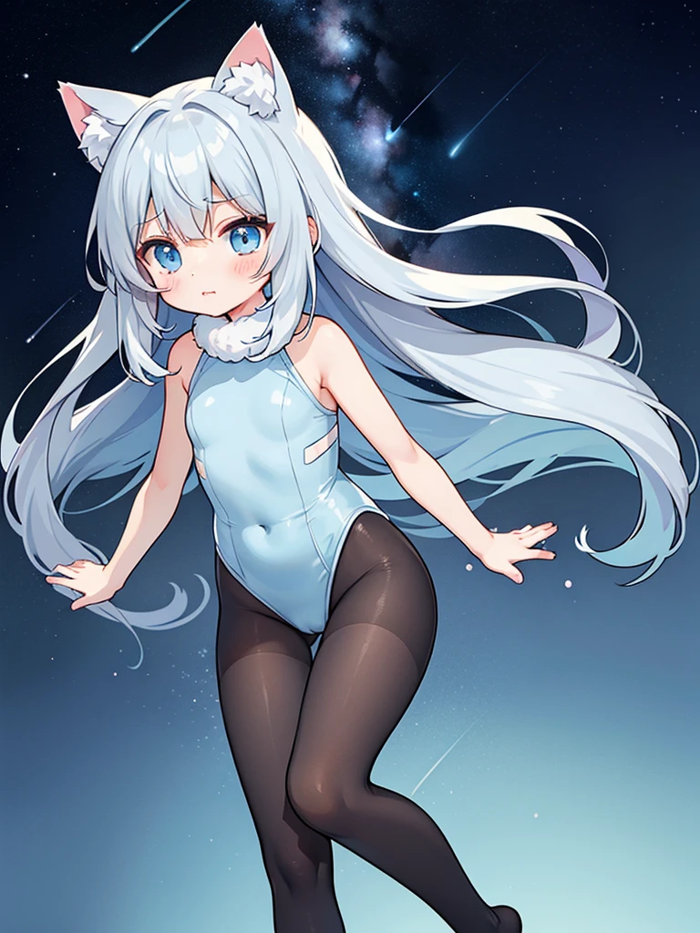 Cat ear、Gray-haired、((Light blue leotard))、(High leg)、Look forward、defeat、Black tights、No shoes on、Starry sky background、Embarrassed face、I can see your arms、Light blue eyes