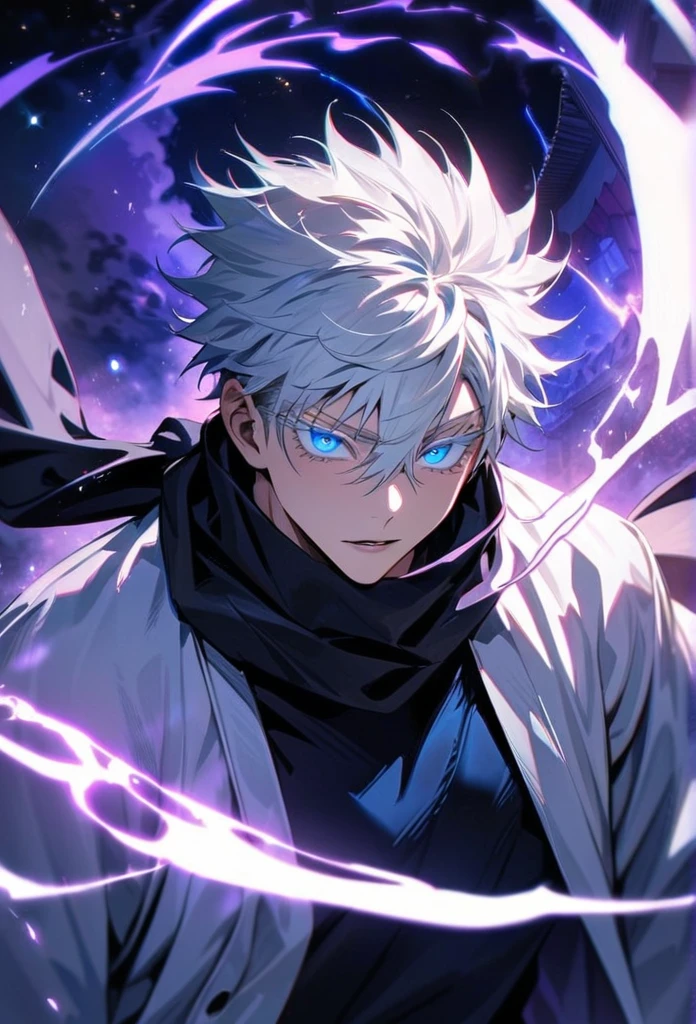 absurdres, highres, ultra detailed, HDR, master piece, best quality, Gojo Satoru, white hair, with bangs, hair between the eyes, expressive blue eyes, white eyelashes, Jujutsu Kaisen, solo, sexy man, handsome, white haori, black tight shirt, black scarf, fantasy, magical, sparkling, shining, purple lightning, floating round lights, starry sky, void, purple butterlies, purple moon