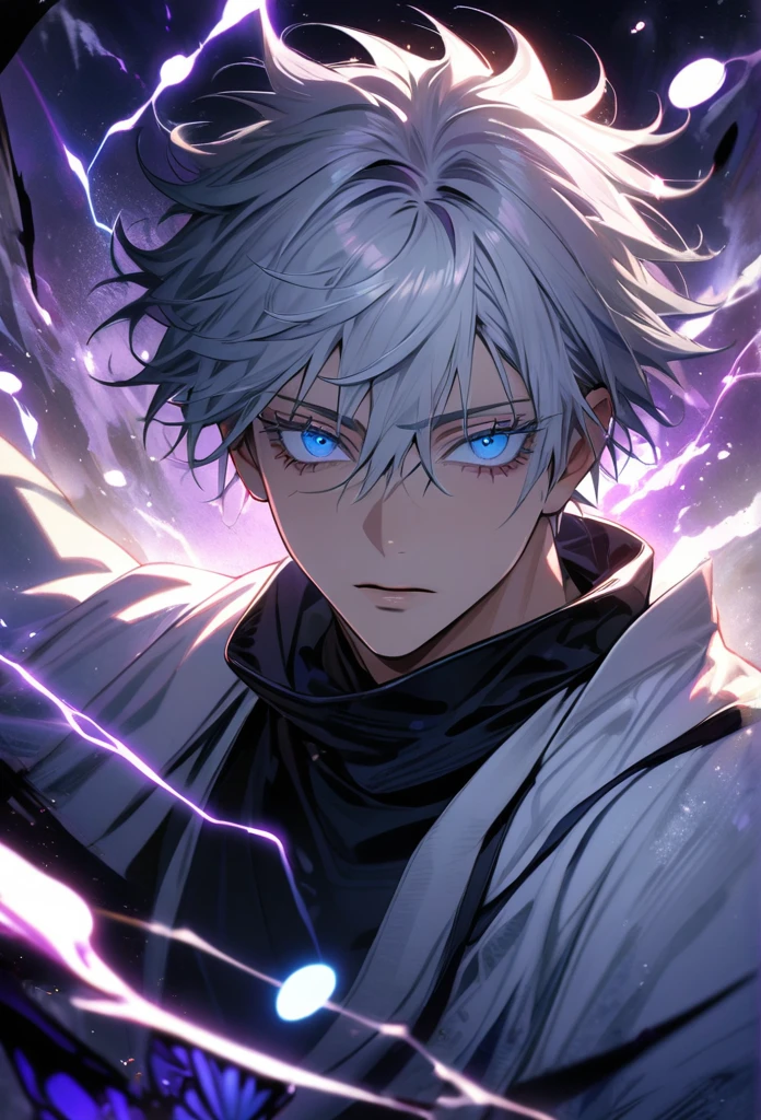 absurdres, highres, ultra detailed, HDR, master piece, best quality, Gojo Satoru, white hair, with bangs, hair between the eyes, expressive blue eyes, white eyelashes, Jujutsu Kaisen, solo, sexy man, handsome, white haori, black tight shirt, black scarf, fantasy, magical, sparkling, shining, purple lightning, floating round lights, starry sky, void, purple butterlies, purple moon