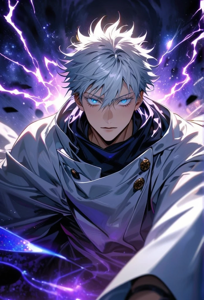 absurdres, highres, ultra detailed, HDR, master piece, best quality, Gojo Satoru, white hair, with bangs, hair between the eyes, expressive blue eyes, white eyelashes, Jujutsu Kaisen, solo, sexy man, handsome, white haori, black tight shirt, black scarf, fantasy, magical, sparkling, shining, purple lightning, floating round lights, starry sky, void, purple butterlies, purple moon