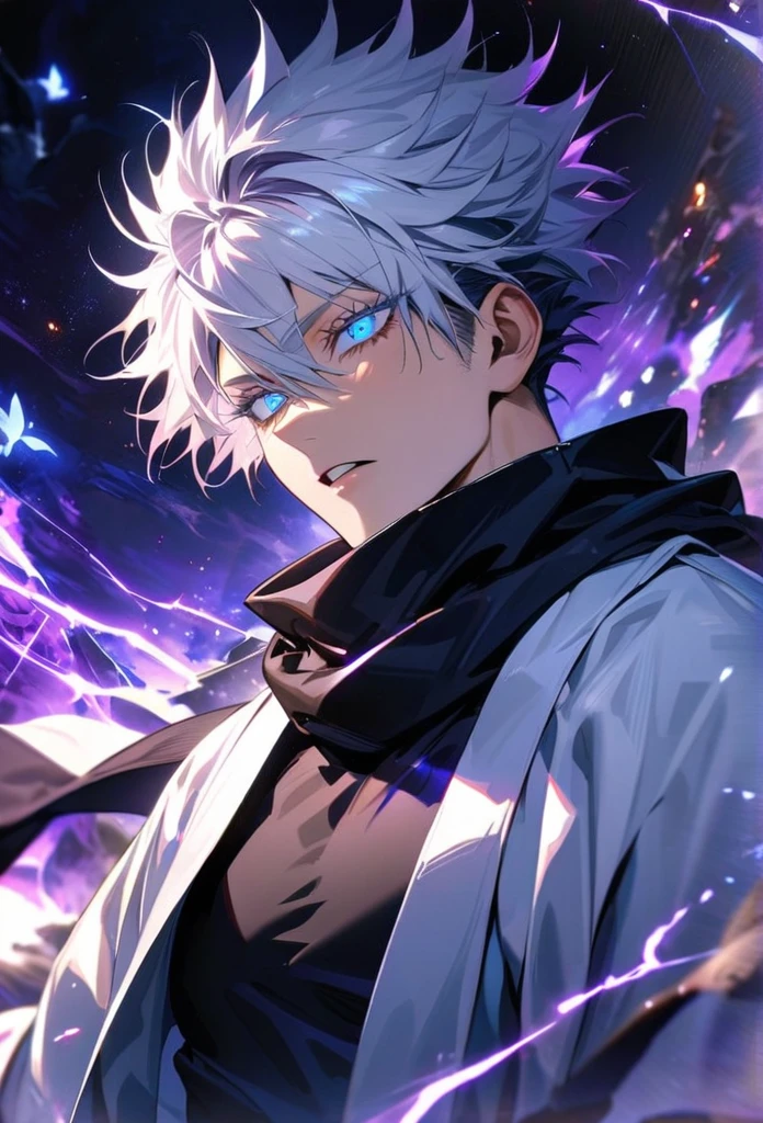absurdres, highres, ultra detailed, HDR, master piece, best quality, Gojo Satoru, white hair, with bangs, hair between the eyes, expressive blue eyes, white eyelashes, Jujutsu Kaisen, solo, sexy man, handsome, white haori, black tight shirt, black scarf, fantasy, magical, sparkling, shining, purple lightning, floating round lights, starry sky, void, purple butterlies, purple moon