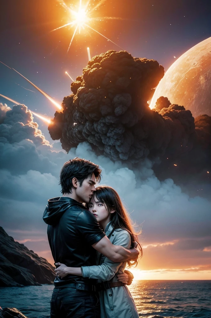 masterpiece in 8k, action movie poster, futuristic genre, the protagonist hugs a girl, in the background a ship, explosions, A planet, in front the title of the movie