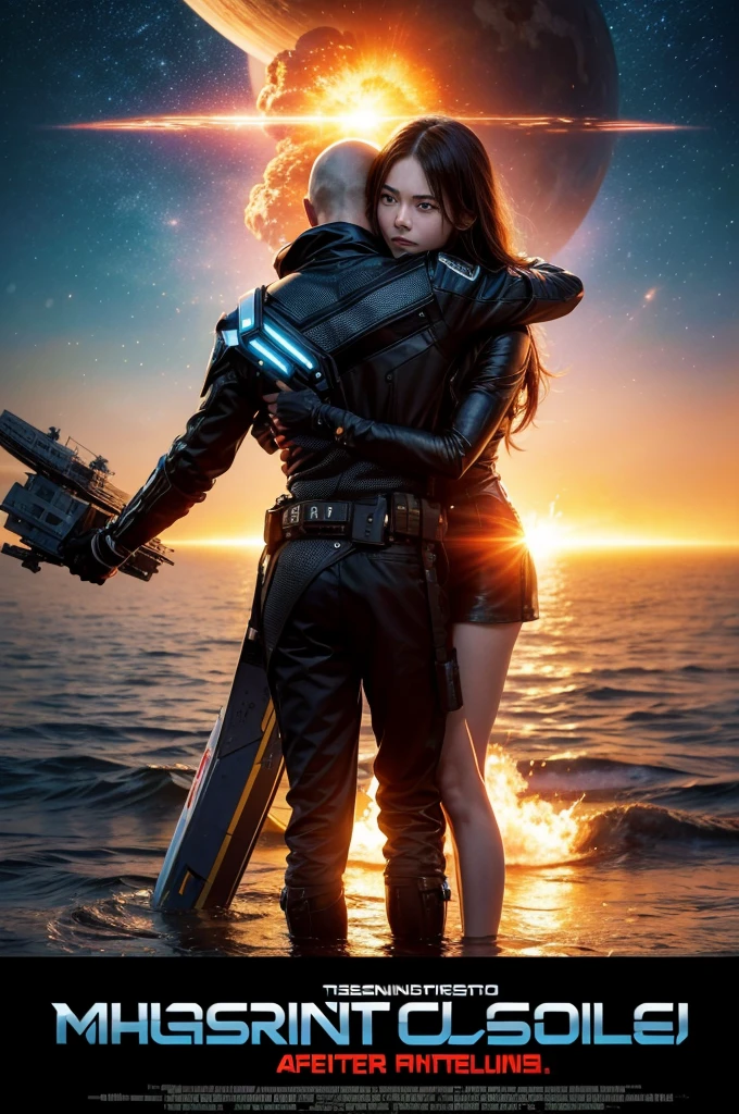 masterpiece in 8k, action movie poster, futuristic genre, the protagonist hugs a girl, in the background a ship, explosions, A planet, in front the title of the movie