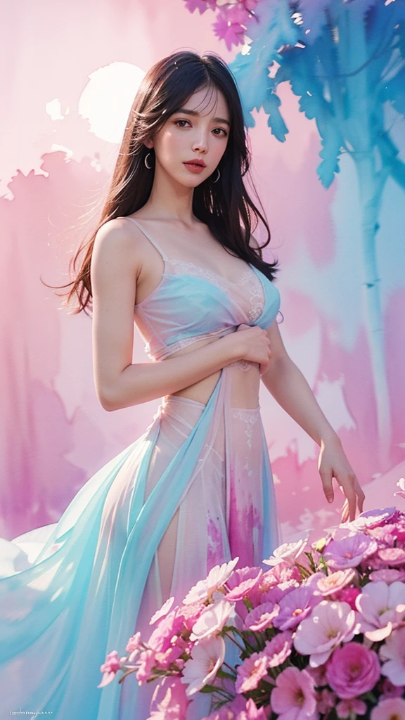 1girl,flower, Lisianthus ,in the style of light pink and light azure, dreamy and romantic compositions, pale pink, ethereal foliage, playful arrangements,fantasy, high contrast, ink strokes, explosions, over exposure, purple and red tone impression , abstract, ((watercolor painting by John Berkey and Jeremy Mann )) brush strokes, negative space, Shruti Hassan