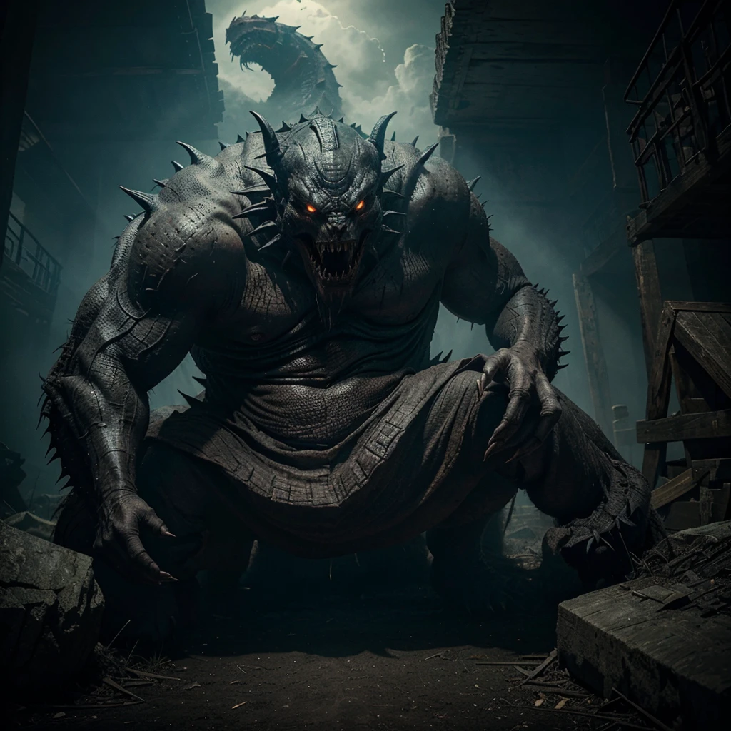 Describe a very large and frightening monster with sharp teeth that looks like a monster that has never woken up for hundreds of years in a dark fantasy theme.