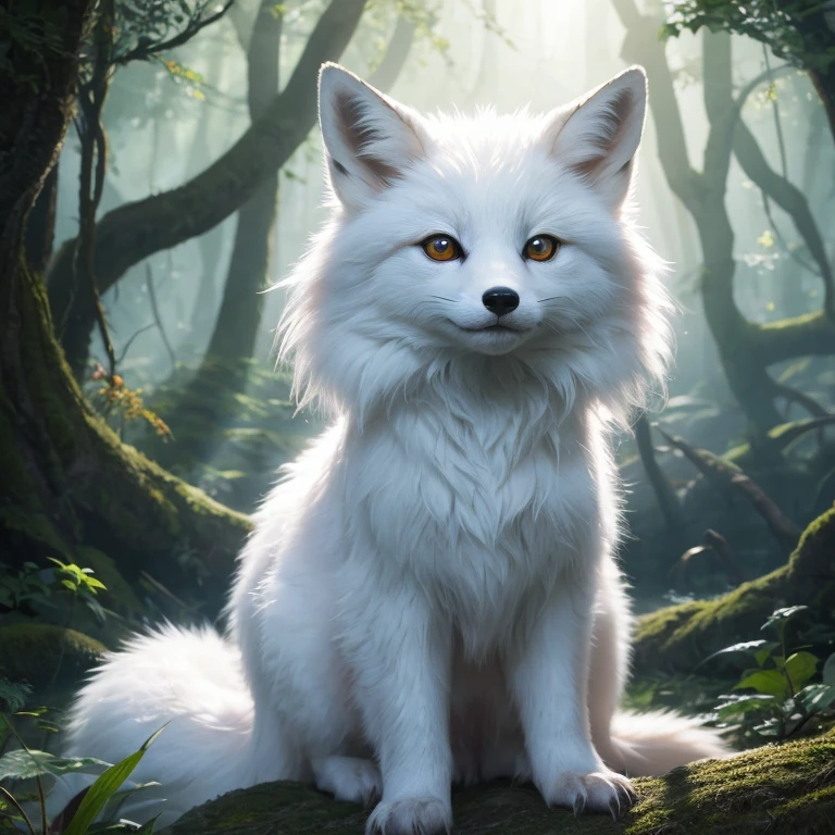 Pictures of living creatures, monster, Magicファンタジーの森, Digital Art, most wonderful artwork in the world, ((No humans)),Volumetric Light, Soft and balanced colours, Forest Scenery, Grapevine, Ultra-high resolution, 8k octane rendered, Magic, wonderful, ether, Complex, Complex design, Ultra Sharp, Shadow, Cool colors, Trending on CGSociety, Glowing Eyes, ((Highest quality)), ((masterpiece)), (detailed), White fur fox