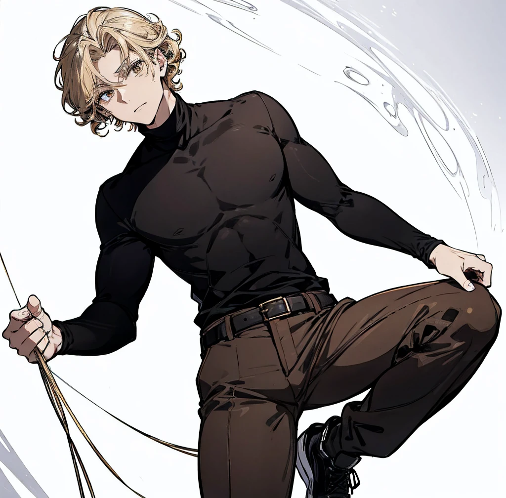 One person, Tall, tan, male, lean and fit, blonde gold curly hair, deep brown eyes, wearing black velvet long sleeve turtleneck, black pants, white high tops, handsome as hell.