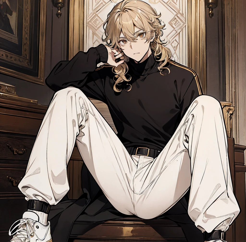 One person, Tall, tan, male, lean and fit, blonde gold curly hair, deep brown eyes, wearing black velvet long sleeve turtleneck, black pants, white high tops, handsome as hell.