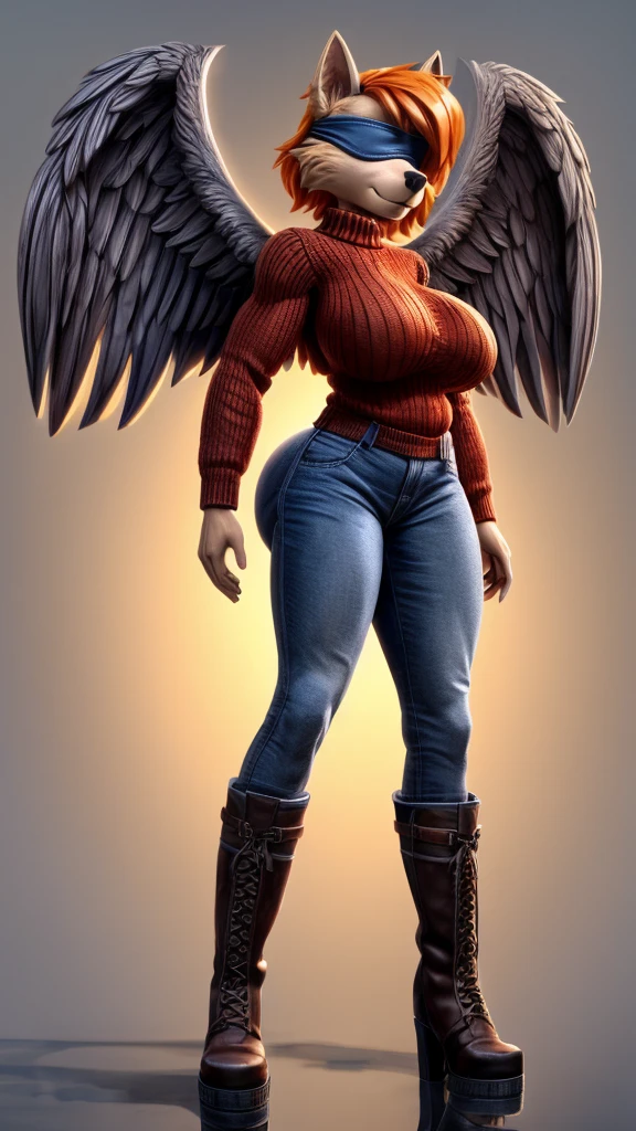 Skye from Paw Patrol, fluffy orange hair, anthro, mature adult, torture and violence angel, grey wings, red sweater, blue jeans, boots, blindfold, big breasts, big butt, muscular, mommy, slim, giantess, standing, solo, beautiful, high quality, full body, clear background, precise, watercolor, 4K