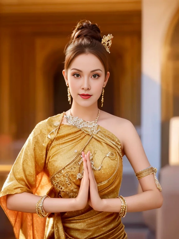 Close-up of a woman in a gold dress and a crown on her head., traditional beauty, Sukhothai dress, Dilraba Dilmurat, beautiful goddess, Beautiful Fantasy Empress, beautiful oriental woman, Thai girl anime, Southeast Asia that has existed for a long time, Thai art, Wear elegant clothes, Tailoring a suit according to tradition, portrait of a beautiful goddess ผู้หญิงอาราฟในชุดสีทองยืนอยู่หน้าอาคาร, Sukhothai dress, Dilraba Dilmurat, traditional beauty, Wear elegant clothes, traditional this tradition, Wear luxurious clothes, this tradition, Traditional clothing, Thai girl anime, traditional outfit, According to Thawan Duchanee's style, Wear a luxurious silk dress, Thai art, Traditional clothing สาวเอเชียที่สวยงาม,stereoscopic 8k,45 high quality colored lights,000,000,000 pixels, photo, post-trade photo, animation, beautiful portrait,