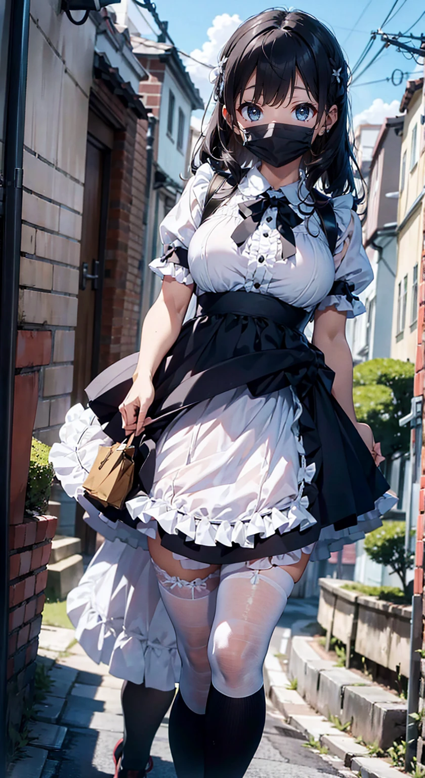 A beautiful girl in a black dress leaning forward on a wooden platform, she is lifting something, turns to look back, looks back at the viewer, anime girl, rose garden, beautiful and sunny day, black lolita dress with lots of ruffles, floral print dress, short sleeve, lolita choker, low-cut chest, big round breasts, white lace thigh-high stockings, white lace panties, (shows her panties: 1.4), thin lingerie, black lolita shoes, dark brown hair, gradient bangs, french braid, long hair, ponytail, wavy hair, swept bangs, shiny hair, hairclip, hair ribbon, hair flower, jewelry, lolita hairband, aqua eyes, glowing eyes, pupils sparkling, earrings, light smile, blush, happy, red lips, slim waist, shapely legs, beautiful thighs, cute round buttocks, exposed ass, princess dress, short skirt, skirt lift, upskirt, high detail, anime, dithering, image fill, from behind, from below, perspective, Wide-Angle, f/1.8, 85mm, Sony FE GM, 8k, 8k wallpaper, super detail, highly detailed CG, UHD, retina, masterpiece, accurate, anatomically correct, textured skin, highres, best quality:1.3, 16k