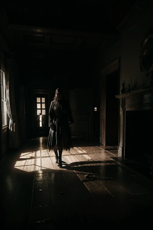 "Illustrate a haunting scene set in a grand, isolated mansion during a stormy night. The wealthy De Montclair family, known for their arrogance and cruelty, has just turned away an old man seeking refuge. In the image, depict Victor, the father, being dragged into darkness by a grotesque, ghostly figure with twisted features. Show Isabelle, the mother, being pulled by ghostly chains into a dark abyss, her face contorted in terror. Clarisse, their daughter, stands alone in a dimly lit room, surrounded by spectres with empty eyes and bony fingers reaching out towards her. The mansion walls ooze with a black, foul liquid, and the entire scene is filled with an atmosphere of dread and malevolence. Make sure to include eerie shadows and flickering lights to enhance the sense of horror and impending doom."