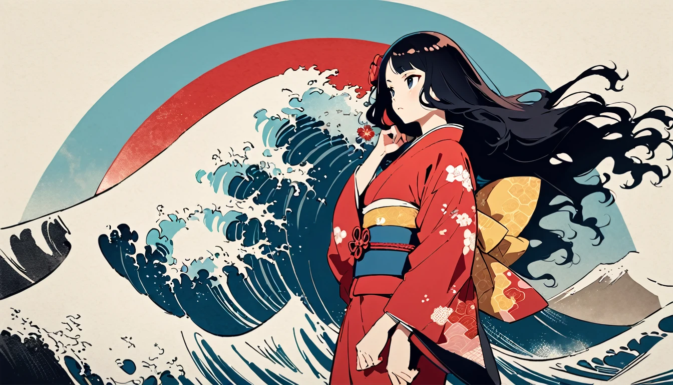 Highest quality,  Delicate and precise,Katsushika Hokusai,Wave, Splash, Giant cherry blossoms, Fuji Mountain, Vibrant, Ink Painting,(((looking away))),(((from side))),(((from below))),20-year-old, (((Long Hair))), (((fancy red kimono)))Japan, Edo Period, (((Black Hair))), Modern anime,eye shadow, Modern ukiyo-e style