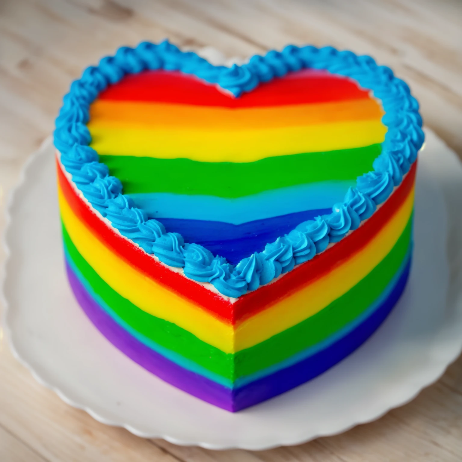 on a wooden table, worth a heart shaped cake, rainbow gradient cream cake, Cream cake , cream texture, Realistic style, realistic texture, bright lighting, high quality, detailed texture, Beautiful light from the window, beautiful lighting, high detail, macro photography, ultra 4k hd