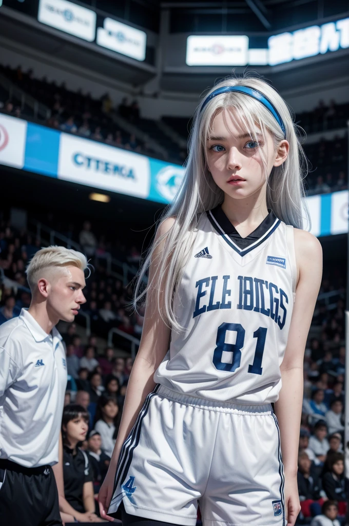 Female ager with white hair, light blue eyes and white skin wearing black basketball uniform
