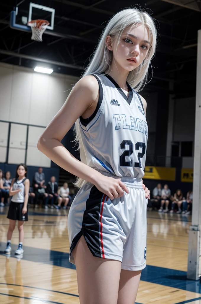 Female teenager with white hair, light blue eyes and white skin wearing black basketball uniform