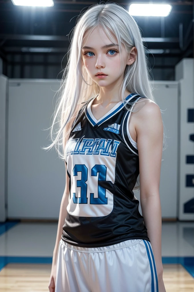 Female teenager with white hair, light blue eyes and white skin wearing a black basketball uniform