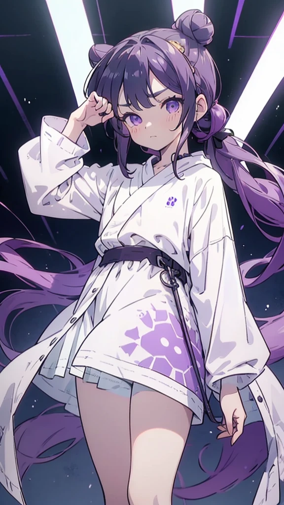 boy, thoughtful look, open forehead, black and purple hair braided into a ponytail on the left side in a bun. small curly black horns wrapped in white ribbon, pale violet eyes, short dark purple shorts. Long white t-shirt. dark purple knee socks. dark purple hooded robe, with a pattern of gold circles and a white robe on the inside. dark corridor with stairs, rays of light fall from above