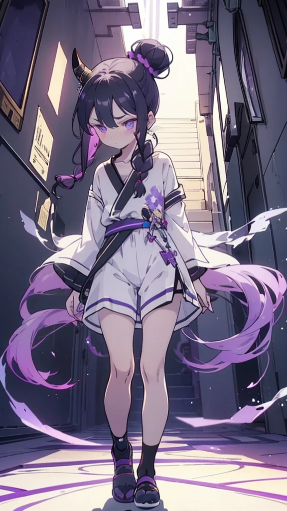 boy, thoughtful look, open forehead, black and purple hair braided into a ponytail on the left side in a bun. small curly black horns wrapped in white ribbon, pale violet eyes, short dark purple shorts. Long white t-shirt. dark purple knee socks. dark purple hooded robe, with a pattern of gold circles and a white robe on the inside. dark corridor with stairs, rays of light fall from above