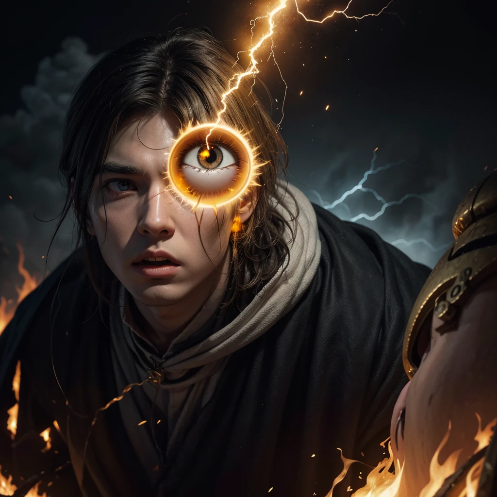 Yellow-eyed wizard with lightning coming out of his eyes, carrying decapitated heads in a burning castle