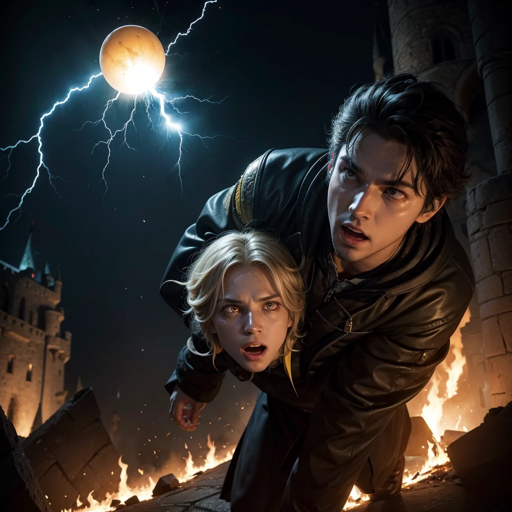 Yellow-eyed wizard with lightning coming out of his eyes, carrying decapitated heads in a burning castle