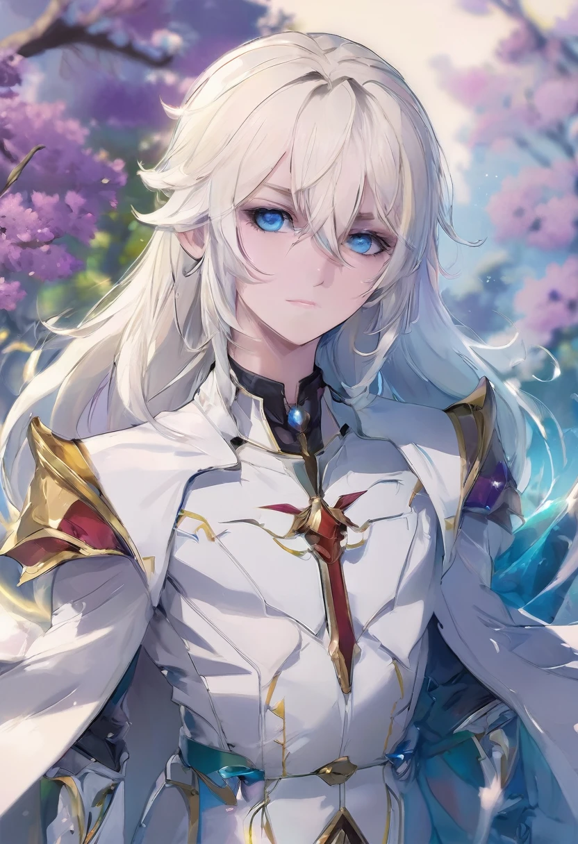 Seraphim,male, adult male, fluffy shoulder-length hair, white platinum blonde, heterochromia, One eye is yellow, the other eye is blue, long square face, thin lips, two strands of different shades of blue and red, tired eyes with small bruises, a scar along the face from lip to middle of cheek, ultra quality, 8k, detailed
