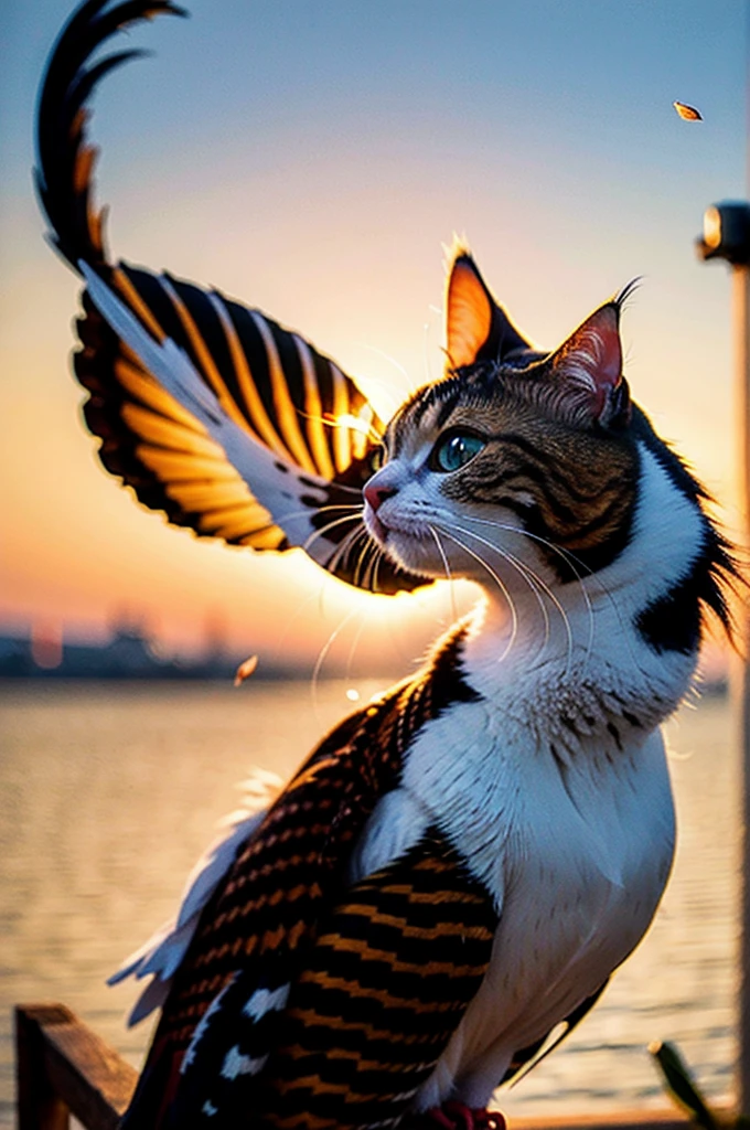 Best quality, masterpiece, ultra high res, raw photo, beautiful and aesthetic,deep shadow, dark theme,(photorealistic:1.4),
White kitten, Hanfu, happy face, open moth, closed eyes, ((clair obscur, backlight, sunset, petals floating)),
Graceful poise, evocative atmosphere, magnetic presence, captivating mystique,
Intricate zentangle patterns, astonishing level of detail, generously endowed, striking perspective, a chaotic masterpiece, gracefully poised, vibrant color palette, ((outdoors)), inspired by futurist architecture A pheasant cat with cute eyes Bushy hair Wearing a kimono