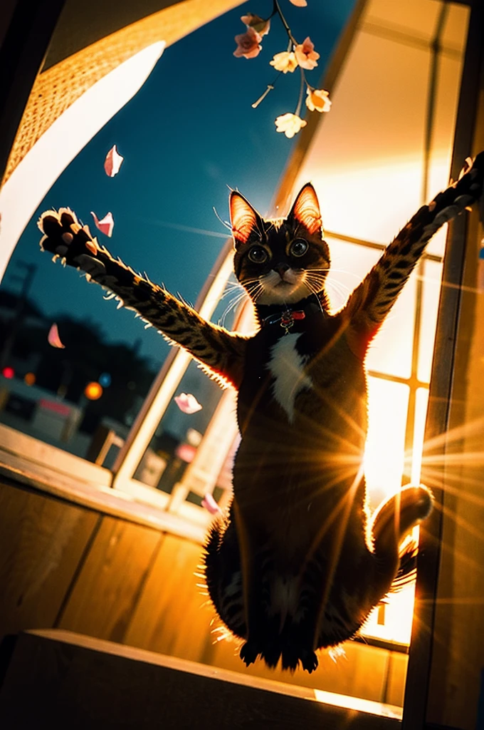 Best quality, masterpiece, ultra high res, raw photo, beautiful and aesthetic,deep shadow, dark theme,(photorealistic:1.4),
White kitten, Hanfu, happy face, open moth, closed eyes, ((clair obscur, backlight, sunset, petals floating)),
Graceful poise, evocative atmosphere, magnetic presence, captivating mystique,
Intricate zentangle patterns, astonishing level of detail, generously endowed, striking perspective, a chaotic masterpiece, gracefully poised, vibrant color palette, ((outdoors)), inspired by futurist architecture A pheasant cat with cute eyes Bushy hair Wearing a kimono